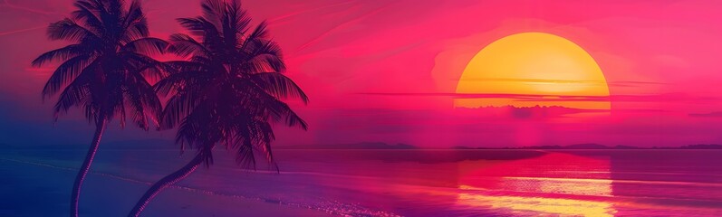 Obraz premium Background with sunset sky and palm trees, tropical resort