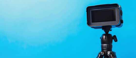 Fototapeta premium Action camera mounted on a tripod with a clear blue background, ideal for adventure and travel photography concepts.