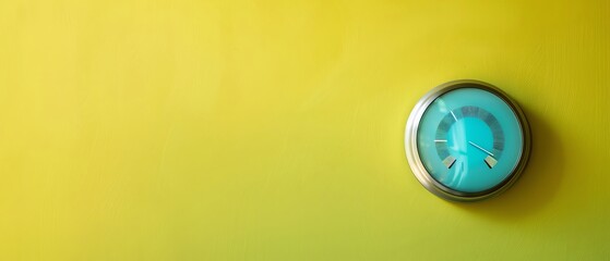 Modern digital thermostat on a vibrant yellow wall displaying temperature settings, symbolizing energy efficiency and climate control.