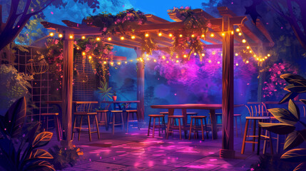 Cartoons of Outdoor dining area with a pergola and string lights,Expressionist urban scenes