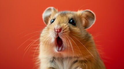 Hamster with surprised expression, bright red background, sharp focus, humorous and vivid
