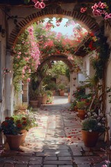 Fototapeta premium Sunlit archway with pink flowers and potted plants, peaceful and inviting, gentle natural light