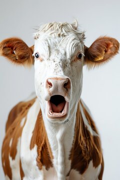 Surprised cow with open mouth, white background