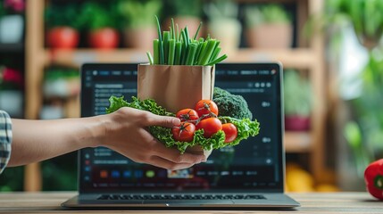 Hand holding fresh vegetables in front of a laptop, highlighting online grocery shopping or healthy eating habits.