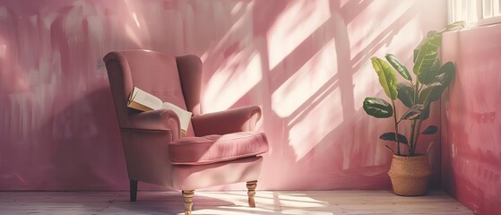 Cozy sunlight-filled room with a pink armchair and potted plant, offering a relaxing reading nook beside a sunlit window.