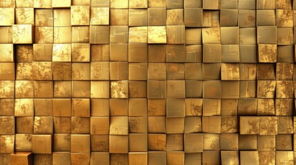 3d render of golden wall made from squares. background for web design, presentation and graphic design. gold metal texture. 4096x2758 pixels