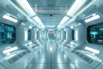 Futuristic space station corridor with advanced technology