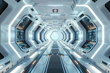 Futuristic space station corridor with advanced technology