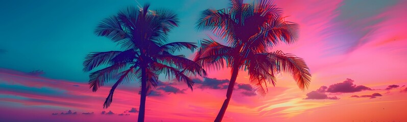 Background with sunset sky and palm trees, tropical resort