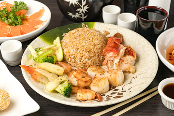 Shrimp, scallop and lobster hibachi platter