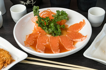 Sliced raw salmon