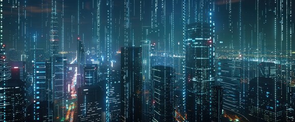 Futuristic cityscape with glowing data lines and skyscrapers at night.