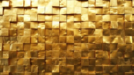 3d render of golden wall made from squares. background for web design, presentation and graphic design. gold metal texture. 4096x2758 pixels