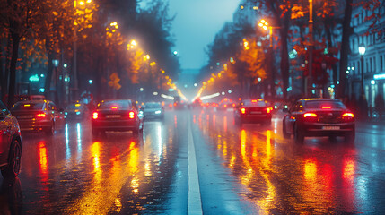 Obraz premium Headlights of Cars Illuminating the Night City Streets