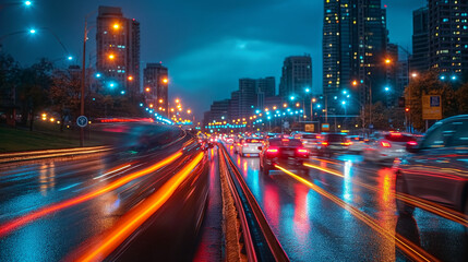 Fototapeta premium Headlights of Cars Illuminating the Night City Streets