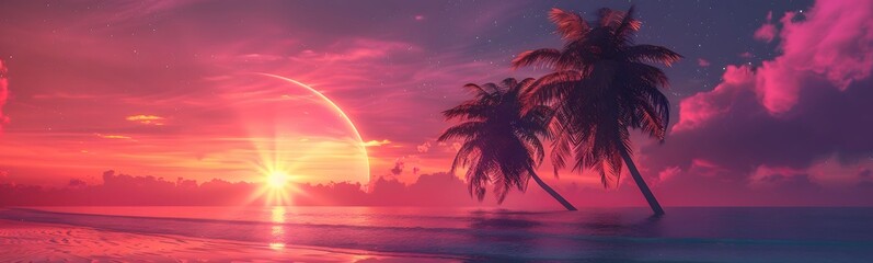 Background with sunset sky and palm trees, tropical resort