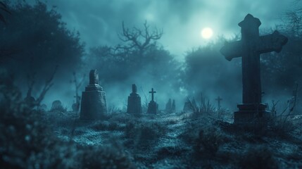 Mysterious Cemetery Under Full Moon