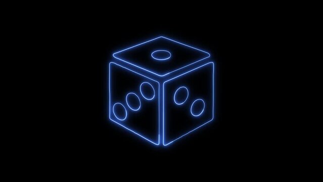 Glowing Blue Neon Dice Outline Icon and Symbol Animation on Black Background, HD Video