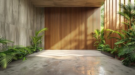 3D rendering of an empty concrete room with wooden slats on the walls and tropical plants. The rendering is