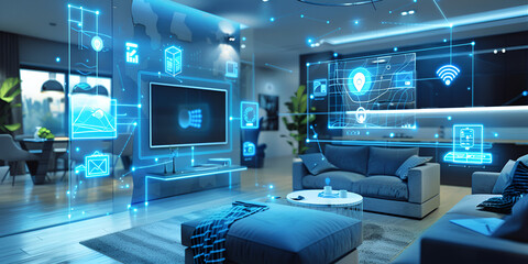 Fototapeta premium Smart Home and Digital Living, Tech-Integrated Interior and Modern Home, Advanced Smart Home Technology, Cutting-Edge Home Automation System