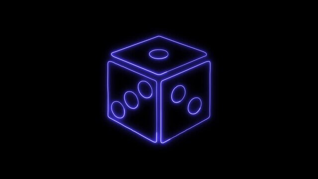 Glowing Blue Neon Dice Outline Icon and Symbol Animation on Black Background, HD Video