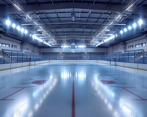 Fototapeta premium Empty ice hockey rink indoors with bright lights and empty stands, ready for a game or practice session.
