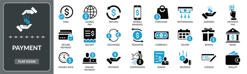 Payment icon set. Set of Paid, payment, pay money flat icons EPS10- Stock Vector