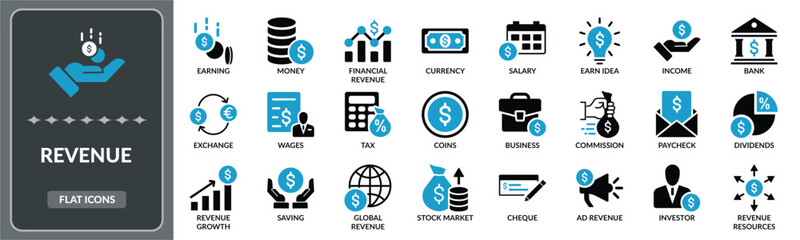 Revenue icon set. Set of Revenue, exchange, wages, stock market flat icons EPS10- Stock Vector