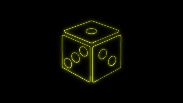 Glowing Blue Neon Dice Outline Icon and Symbol Animation on Black Background, HD Video