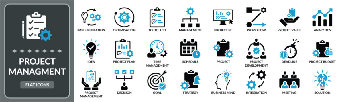 Project management icon set. Set of Project planning, timemanagement, implementation flat icons EPS10- Stock Vector
