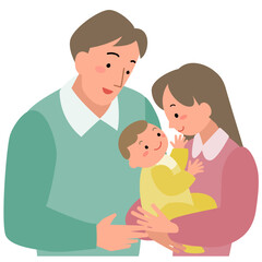 赤ちゃんを抱く母親と寄り添う父親