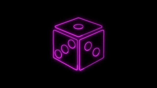 Glowing Blue Neon Dice Outline Icon and Symbol Animation on Black Background, HD Video