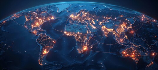 Fototapeta premium 3D map of the world with glowing city lights.