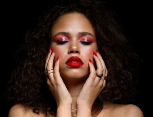 Beautiful gorgeous African American fashion model with bright make up and and afro hair