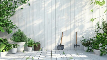 3D rendering of a white wooden wall with potted plants and garden tools on the floor in a minimally designed home interior, with a wooden terrace background. 40mm lens.