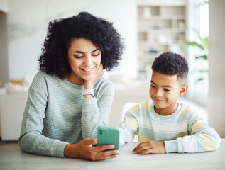 Portrait of young african american mother hold smartphone reading teaching little boy in living room.