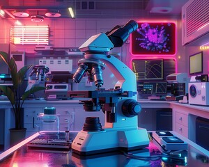 Futuristic neon-lit laboratory with advanced microscope, showcasing modern science and cutting-edge research technology.