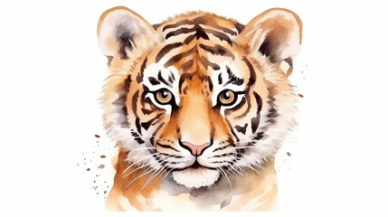 water color portrait illustration of a tiger  face on white background