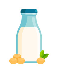 Bottle of soy milk with soybeans next to it. Flat icon isolated on white background. Plant-based milk concept for vegan and lactose-free diets. Perfect for nutritional guides