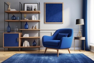 Stylish interior of living room with design Royal Blue armchair, wooden bookcase, pendant lamp