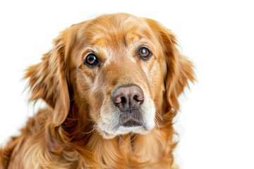 Golden retriever dog staring at the camera on a white background for the pet photography concept