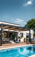 Fototapeta premium A modern house with a wooden deck, swimming pool, and outdoor furniture under the roof on a sunny day in France