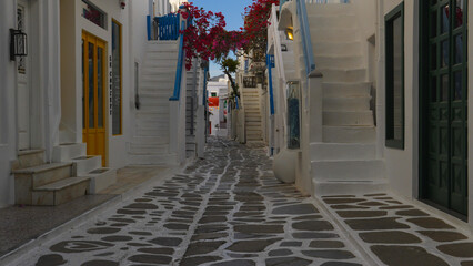 The beautiful white walkways and alleys of Mykonos, Greece