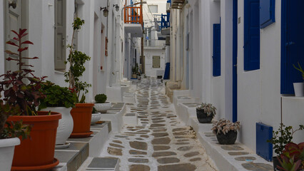 The beautiful white walkways and alleys of Mykonos, Greece