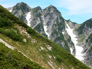 八方尾根登山道からの不帰ノ嶮３峰。谷に向かって伸びる夏でも残る雪渓。