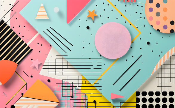 Retro 1980s or 90s trendy paper collage background pattern with vibrant geometric shapes. Perfect for fashion or art design projects.