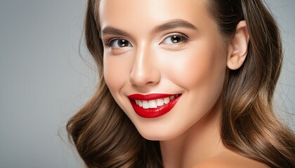 Fototapeta premium Close-up portrait of a beautiful young woman featuring intense eye contact and bold red lipstick, emphasizing her elegant beauty