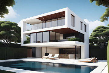 Fototapeta premium Modern luxury apartments with balconies overlook a sparkling pool, creating a sleek residential oasis