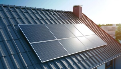 Fototapeta premium A photovoltaic solar panel system on the roof of an modern family house.