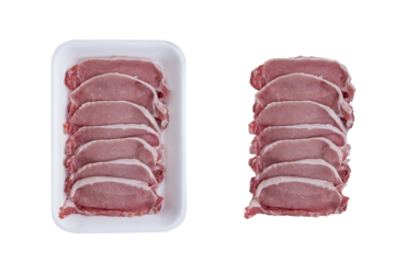 Row pork meat fillet and plasic package isolated on white background